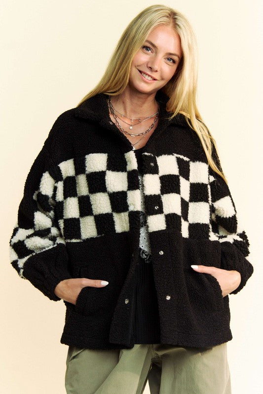 Hazel Blues® |  Davi & Dani Checkered Snap Down Faux Fur Jacket