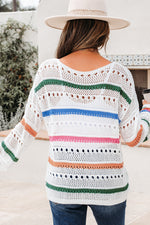 Hazel Blues® |  White Color Block Striped Pointelle Knit Sweater