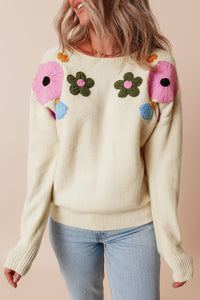 Hazel Blues® |  Crochet Flower Round Neck Dropped Shoulder Sweater