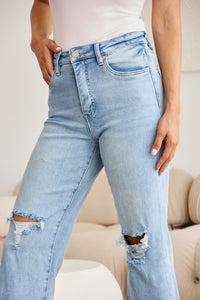 Hazel Blues® |  RFM Tummy Control High Waist Raw Hem Distressed Jeans