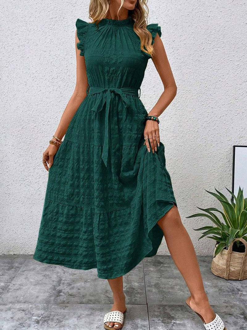 Hazel Blues | Tied Ruffled Cap Sleeve Midi Dress Hazel Blues | Tied Ruffled Cap Sleeve Midi Dress