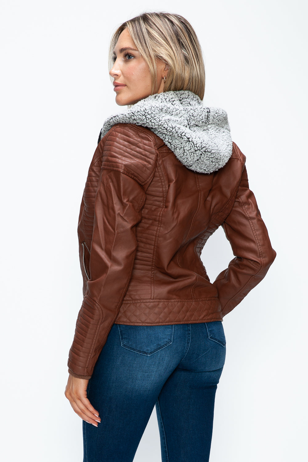 Hazel Blues® |  YMI Faux Layered Double-Zipper Jacket with Fuzzy Hood