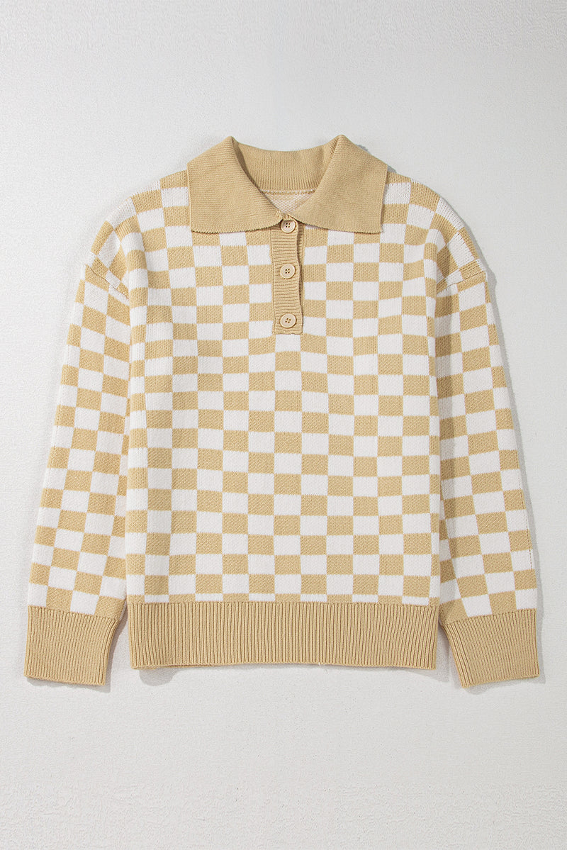 Hazel Blues® |  Checkered Collared Neck Long Sleeve Sweater