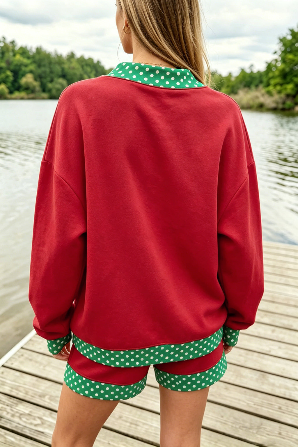 Racing Red Polka Dot Trim Baggy Pullover 2pcs Short Set
