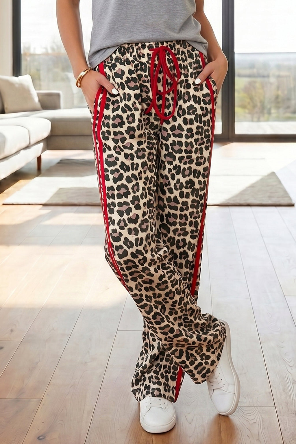 Drawstring Waist Leopard Print Regular Fit Casual Pants | Leopard Drawstring Pants