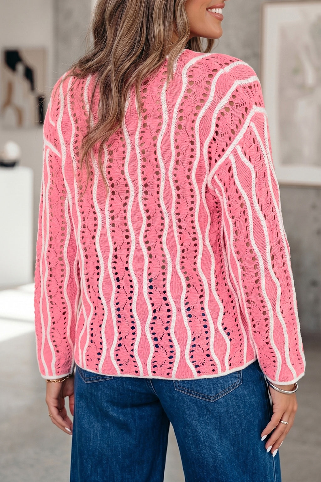 Pink Wavy Detail Hollow Out Knit Long-Sleeve Cotton Pullover Sweater