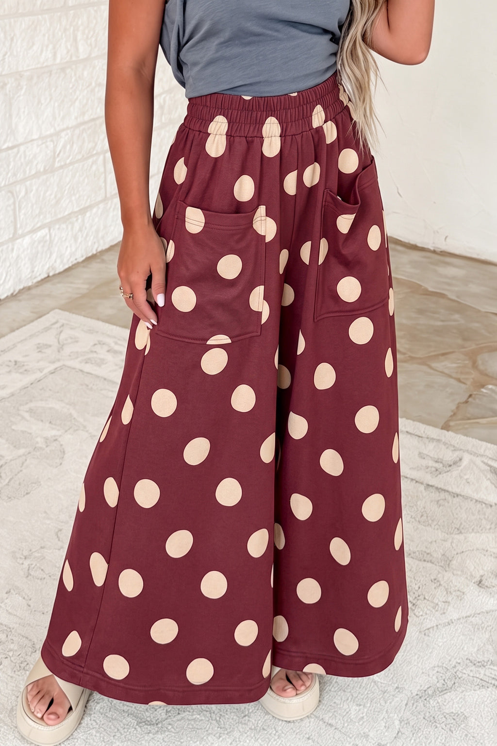 Burgundy Polka Dot Wide-Leg Pants