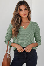 Hazel Blues® |  Green Stripe V Neck Stretchy Long Sleeve Top