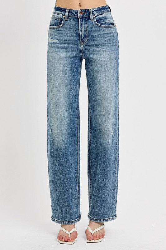 Hazel Blues® | RISEN Distressed Wide Leg Jeans