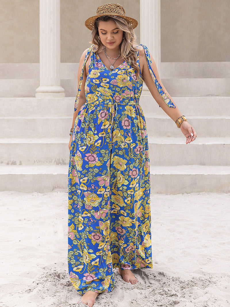 Hazel Blues® | Printed V-Neck Wide Leg Jumpsuit