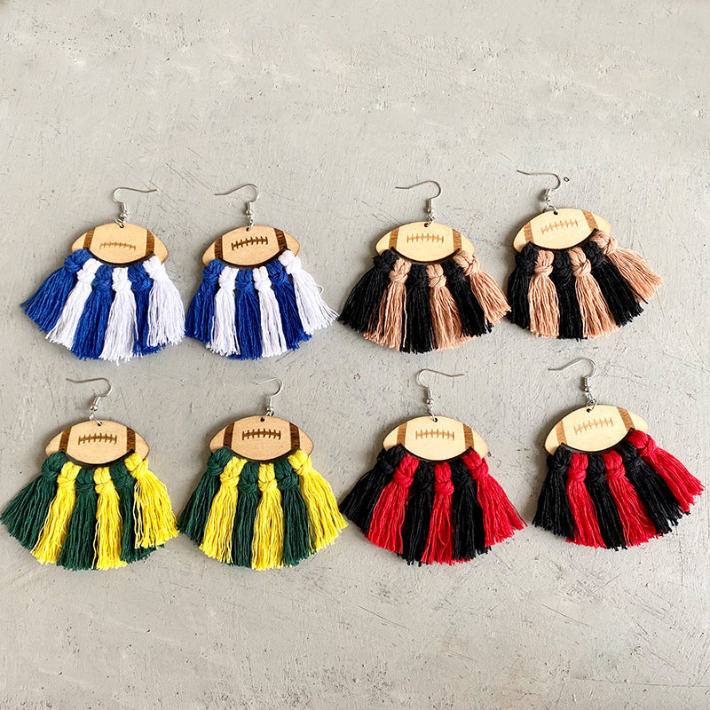 Hazel Blues® |  Fringe Detail Football Shape Wooden Dangle Earrings