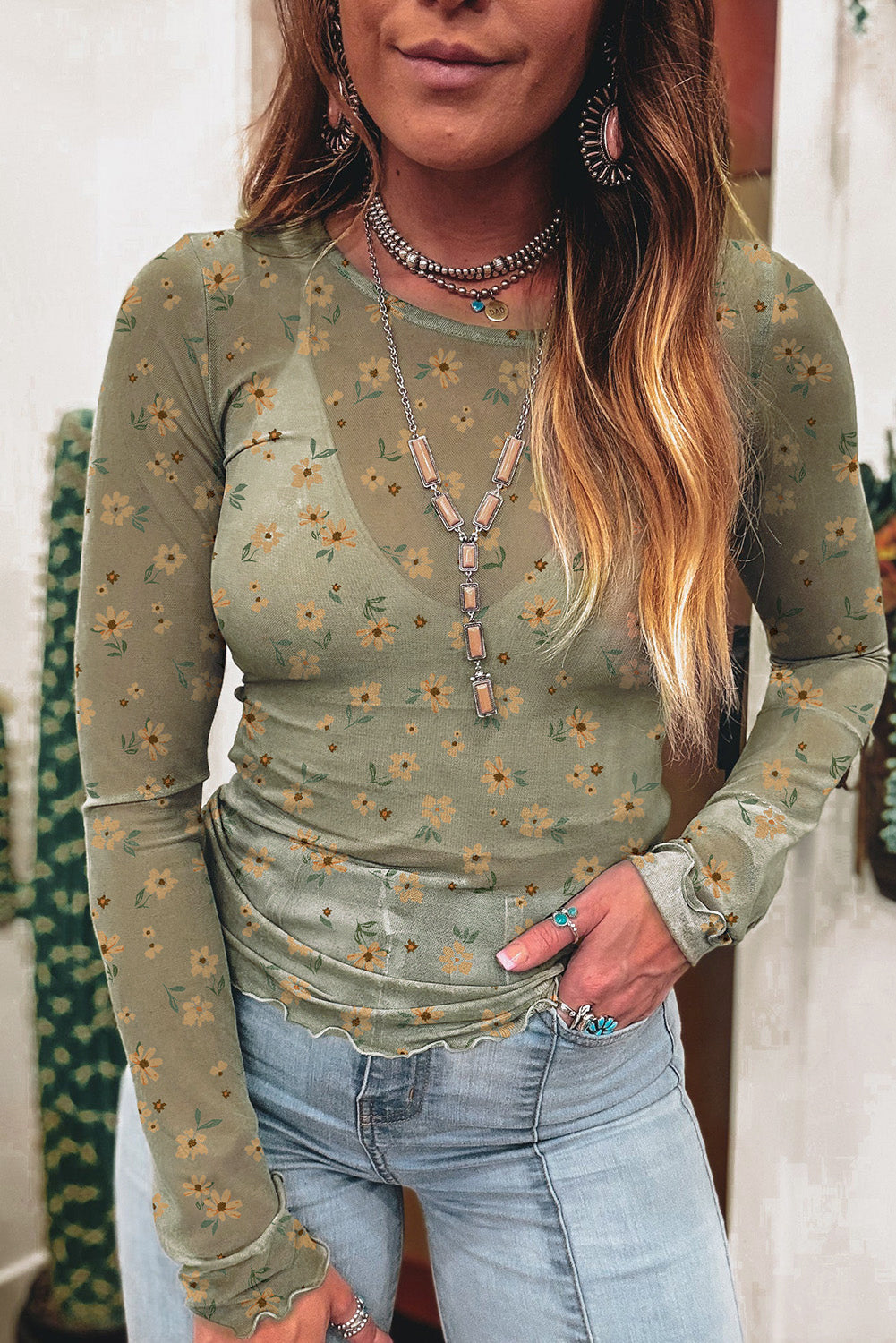 Hazel Blues® |  Laurel Green Vintage Floral Print Southern Style Mesh Long Sleeve Top