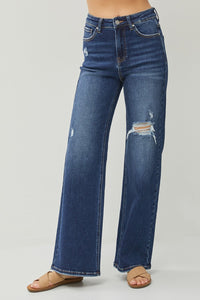 Hazel Blues® |  RISEN High Rise Distressed Wide Leg Jeans