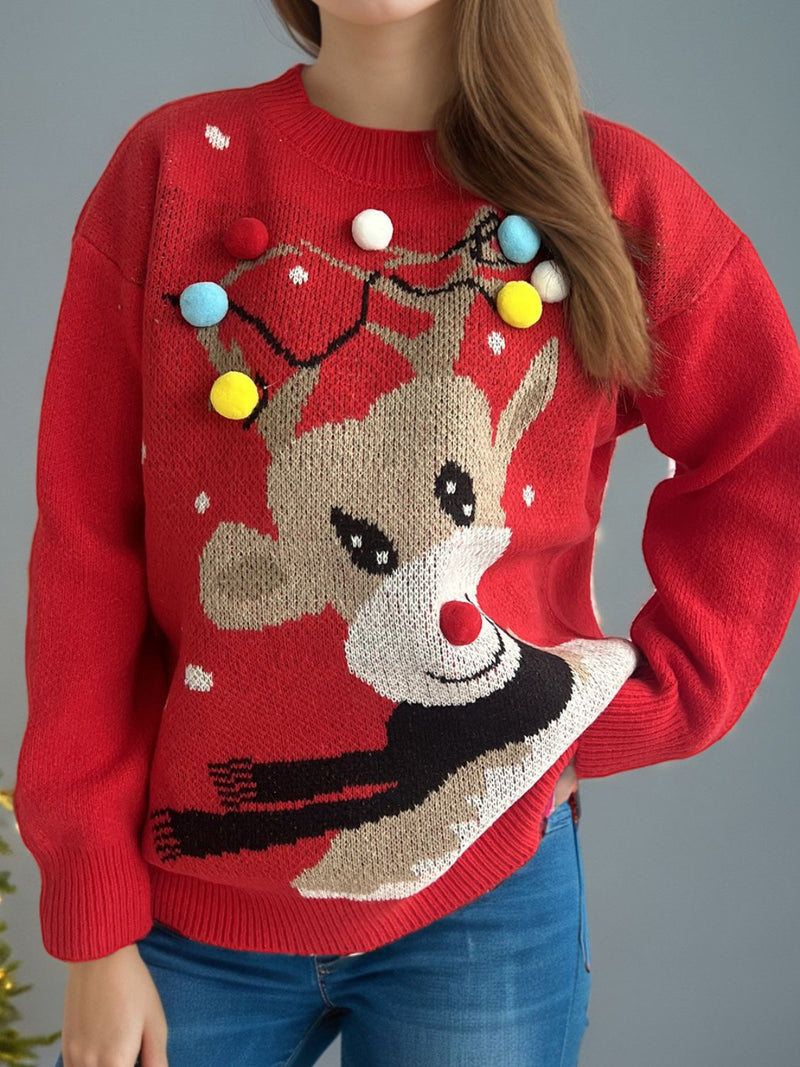 Hazel Blues® |  Reindeer Round Neck Long Sleeve Sweater