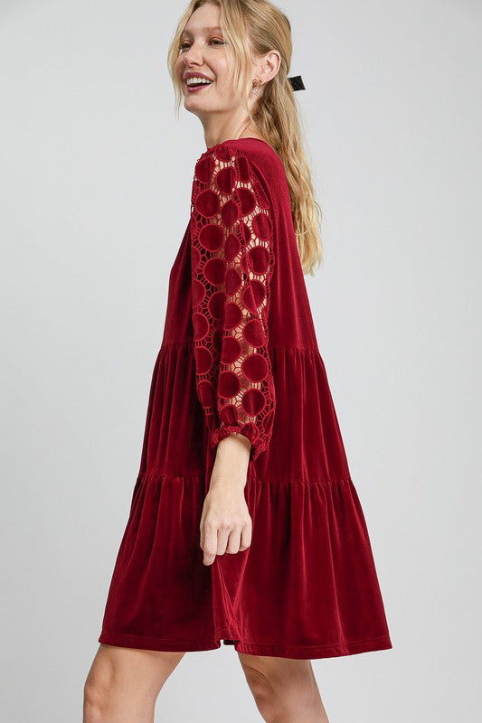 knee length dresses for ladies Umgee Puff Sleeve Jacquard Floral Lace Dress main image 1