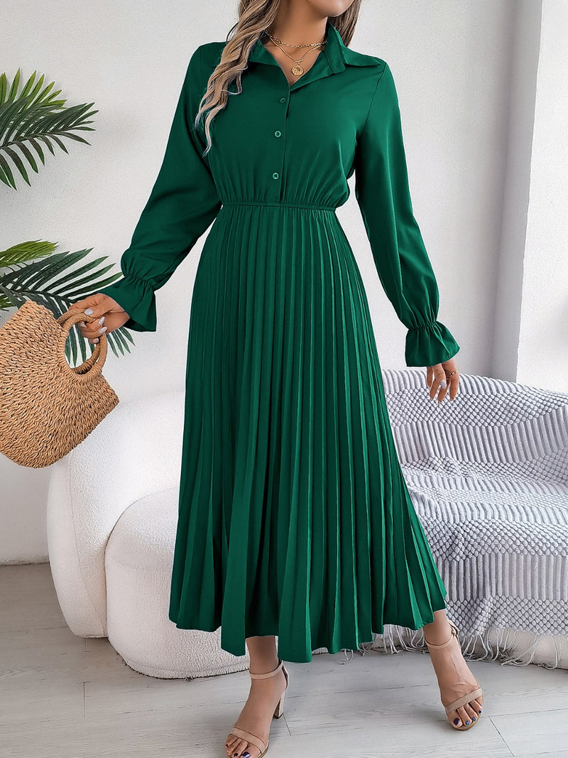 Hazel Blues | Pleated Half Button Long Sleeve Midi Dress Hazel Blues | Pleated Half Button Long Sleeve Midi Dress