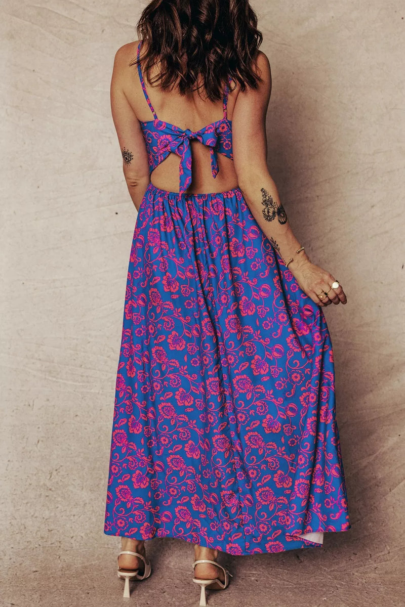 Floral Print Twisted V Neck Tied Backless Maxi Dress Purple / S