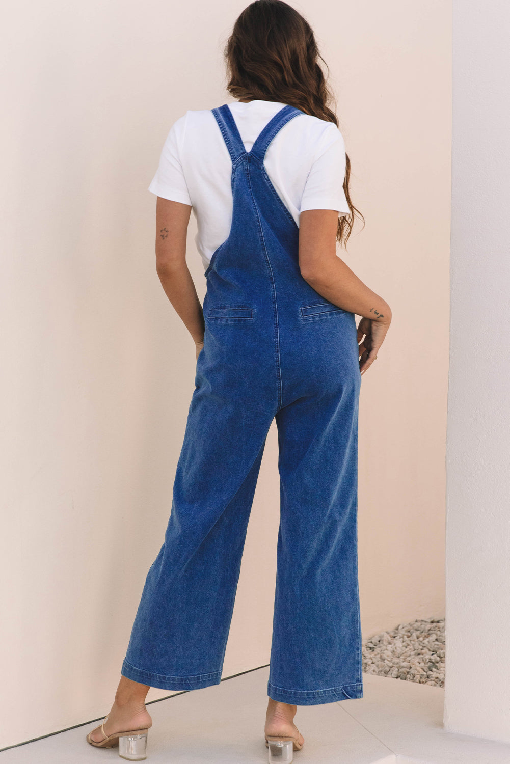 Hazel Blues® |  Prussian Blue Mineral Wash Knotted Strap Patched Pocket Wide Leg Denim Overall