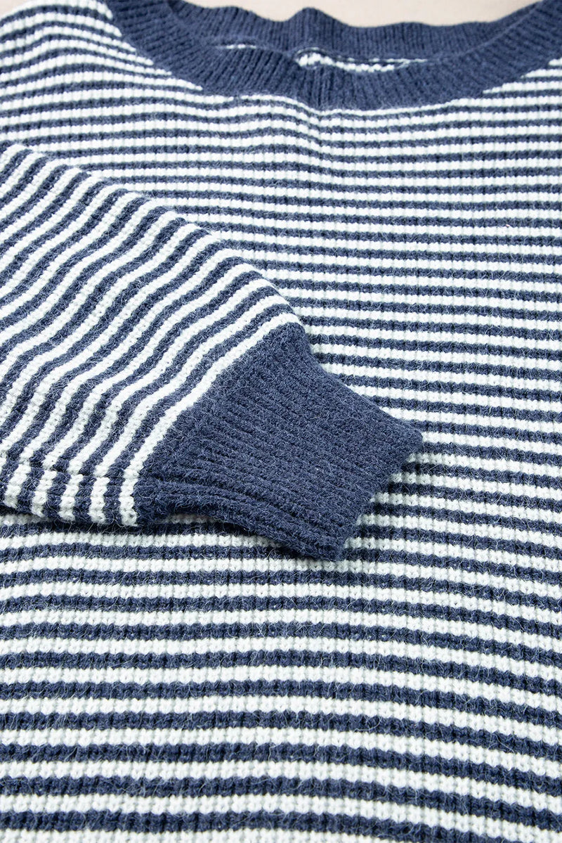 Hazel Blues® |  Striped Round Neck Dropped Shoulder Sweater