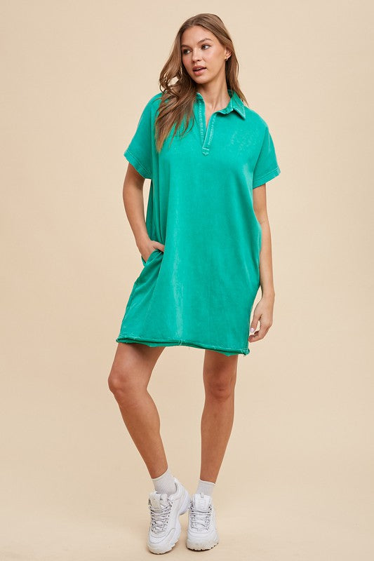 Hazel Blues® |  Annie Wear Mineral Washed Johnny Collar Short Sleeve Dress