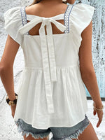 Hazel Blues® |  Tied Embroidered Ruffled Square Neck Cap Sleeve Blouse
