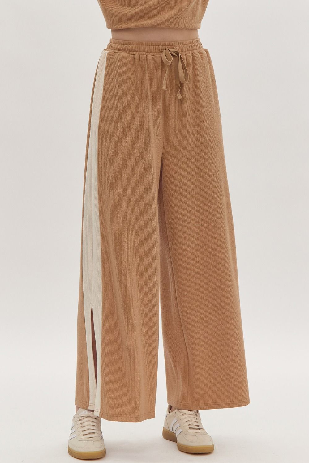 Hazel Blues® |  Solid Ribbed Contrast Trim Wide Leg Pants in Camel