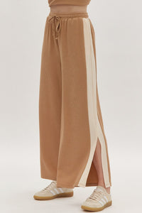 Hazel Blues® |  Solid Ribbed Contrast Trim Wide Leg Pants in Camel