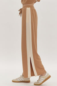 Hazel Blues® |  Solid Ribbed Contrast Trim Wide Leg Pants in Camel