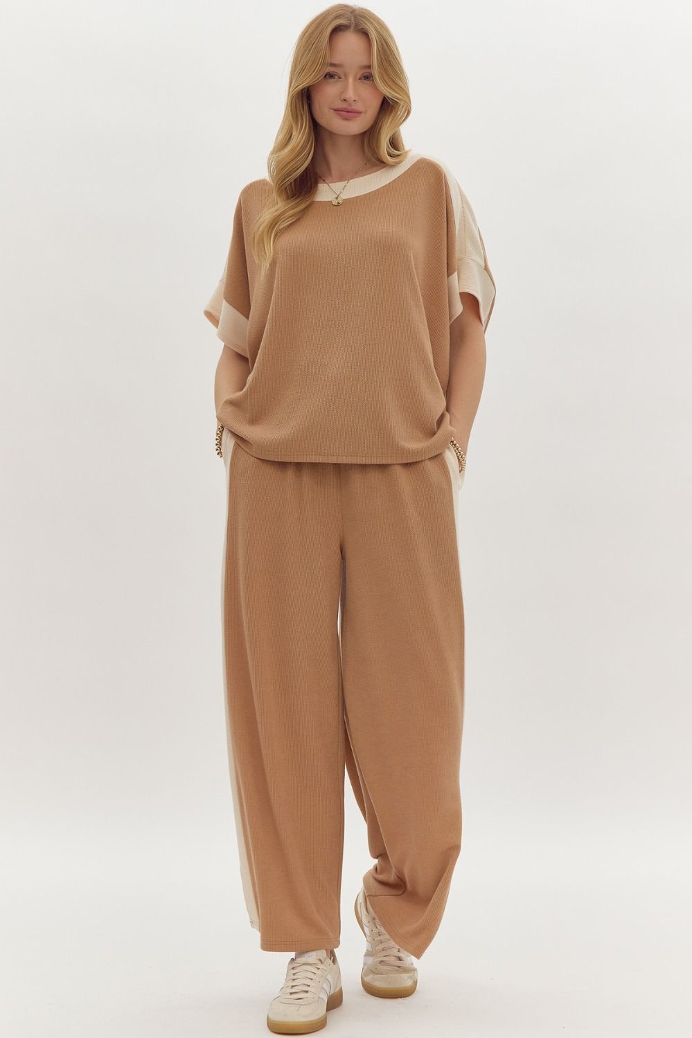 Hazel Blues® |  Solid Ribbed Contrast Trim Wide Leg Pants in Camel