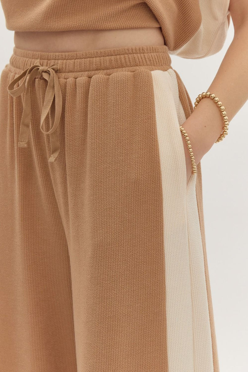 Hazel Blues® |  Solid Ribbed Contrast Trim Wide Leg Pants in Camel