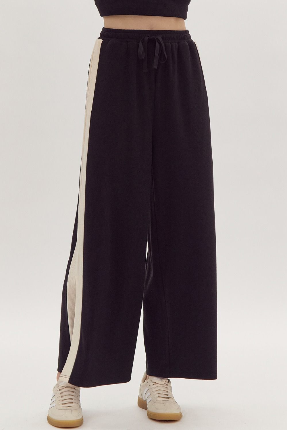 Hazel Blues® |  Solid Ribbed Contrast Trim Wide Leg Pants in Black