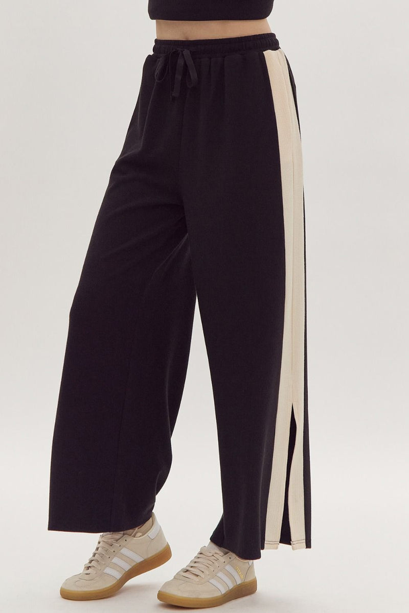 Hazel Blues® |  Solid Ribbed Contrast Trim Wide Leg Pants in Black