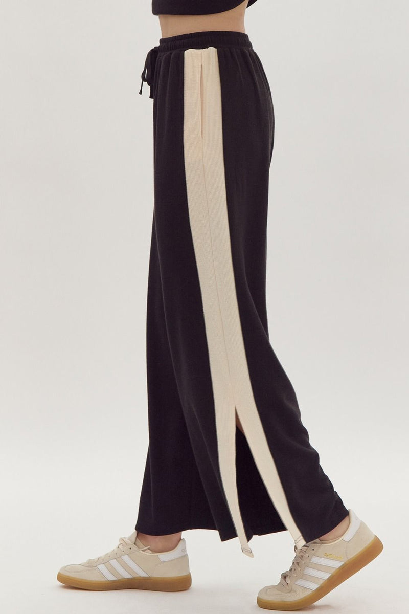 Hazel Blues® |  Solid Ribbed Contrast Trim Wide Leg Pants in Black