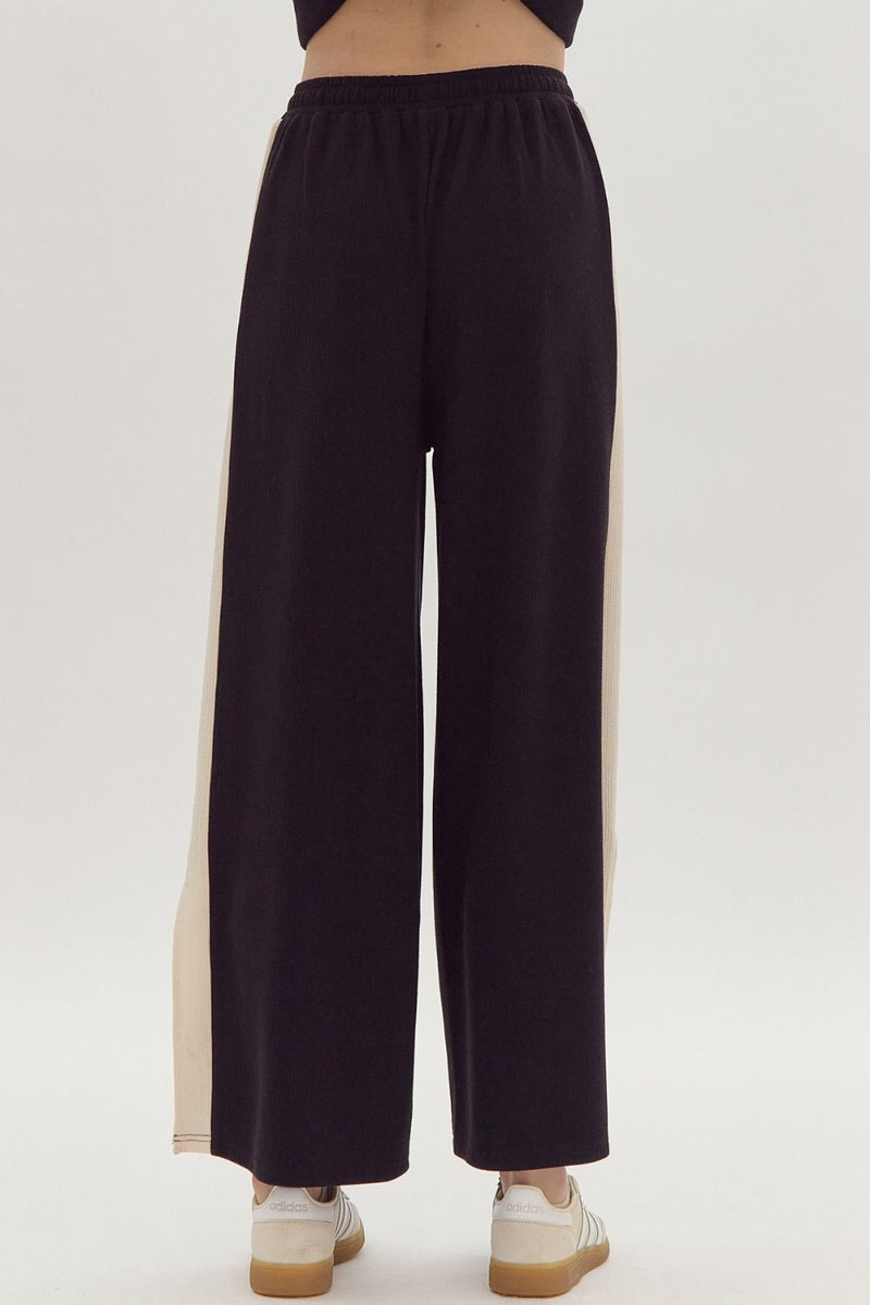 Hazel Blues® |  Solid Ribbed Contrast Trim Wide Leg Pants in Black