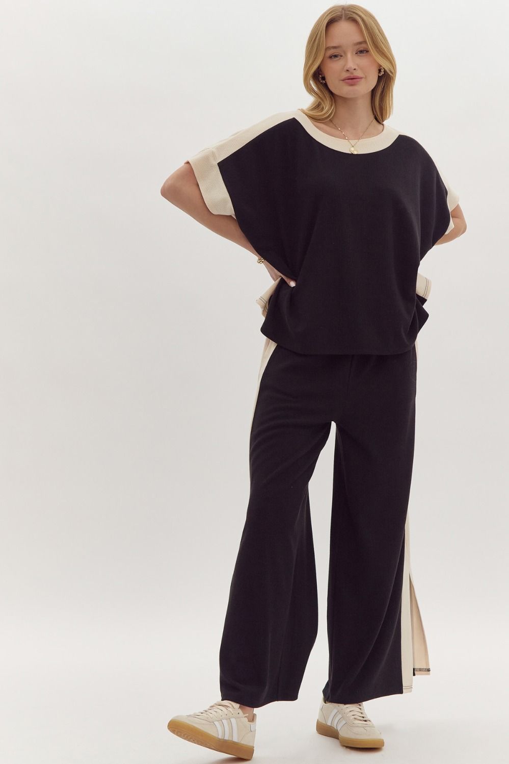 Hazel Blues® |  Solid Ribbed Contrast Trim Wide Leg Pants in Black