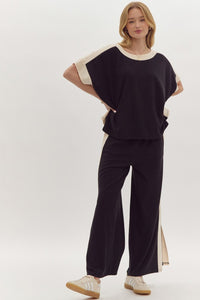 Hazel Blues® |  Solid Ribbed Contrast Trim Wide Leg Pants in Black