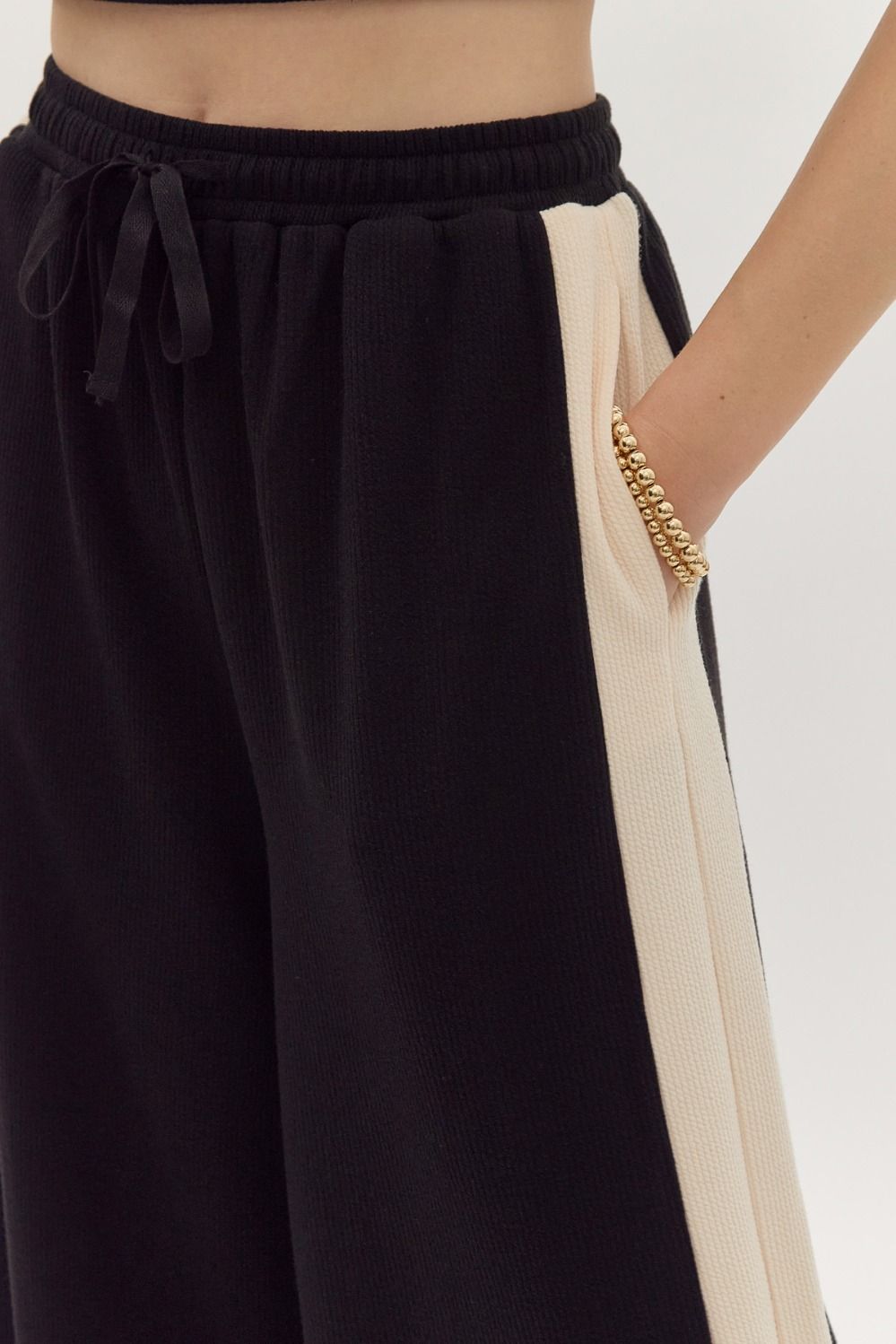 Hazel Blues® |  Solid Ribbed Contrast Trim Wide Leg Pants in Black