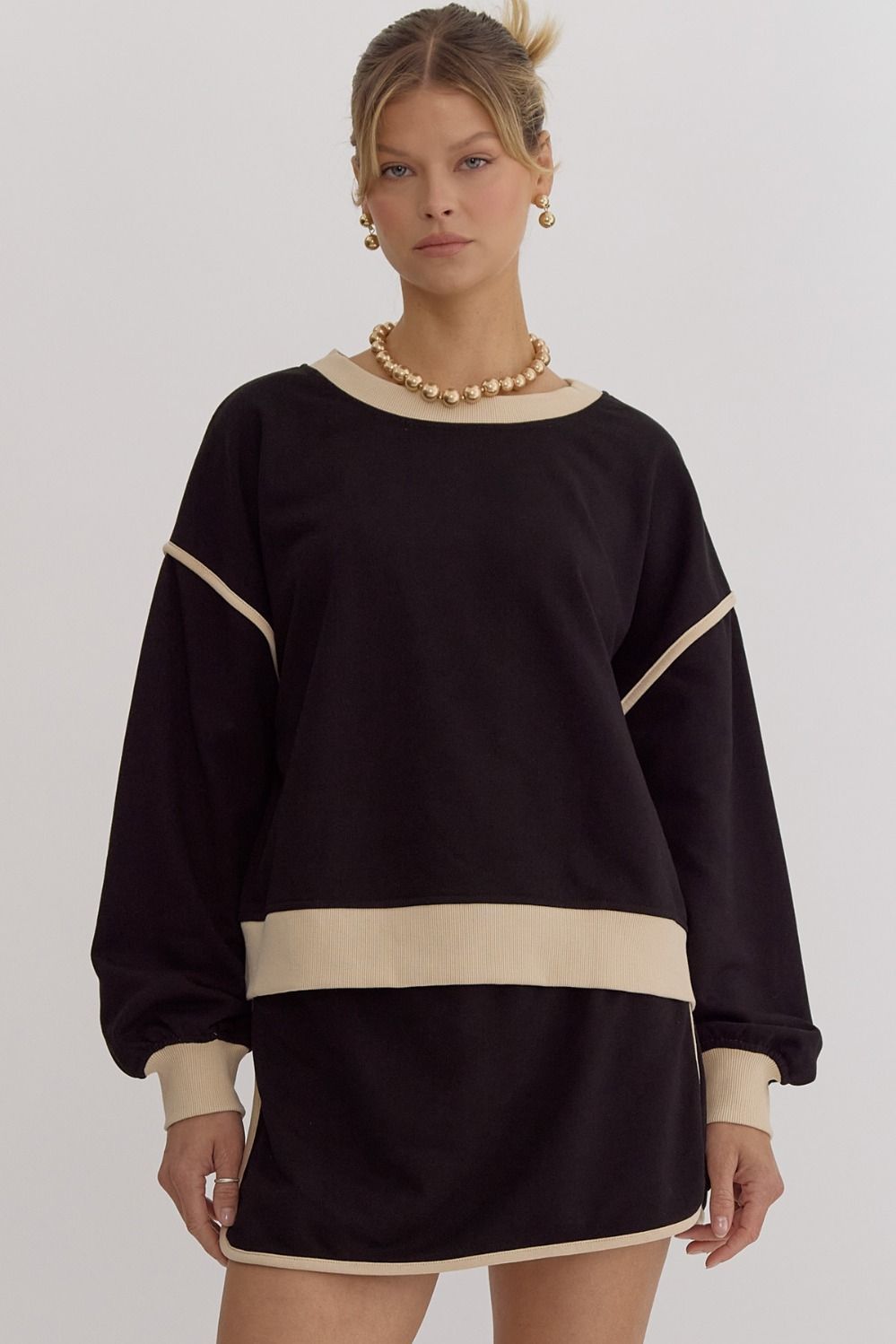 Hazel Blues® |  Solid Contrast Trim Long Sleeve Top in Black