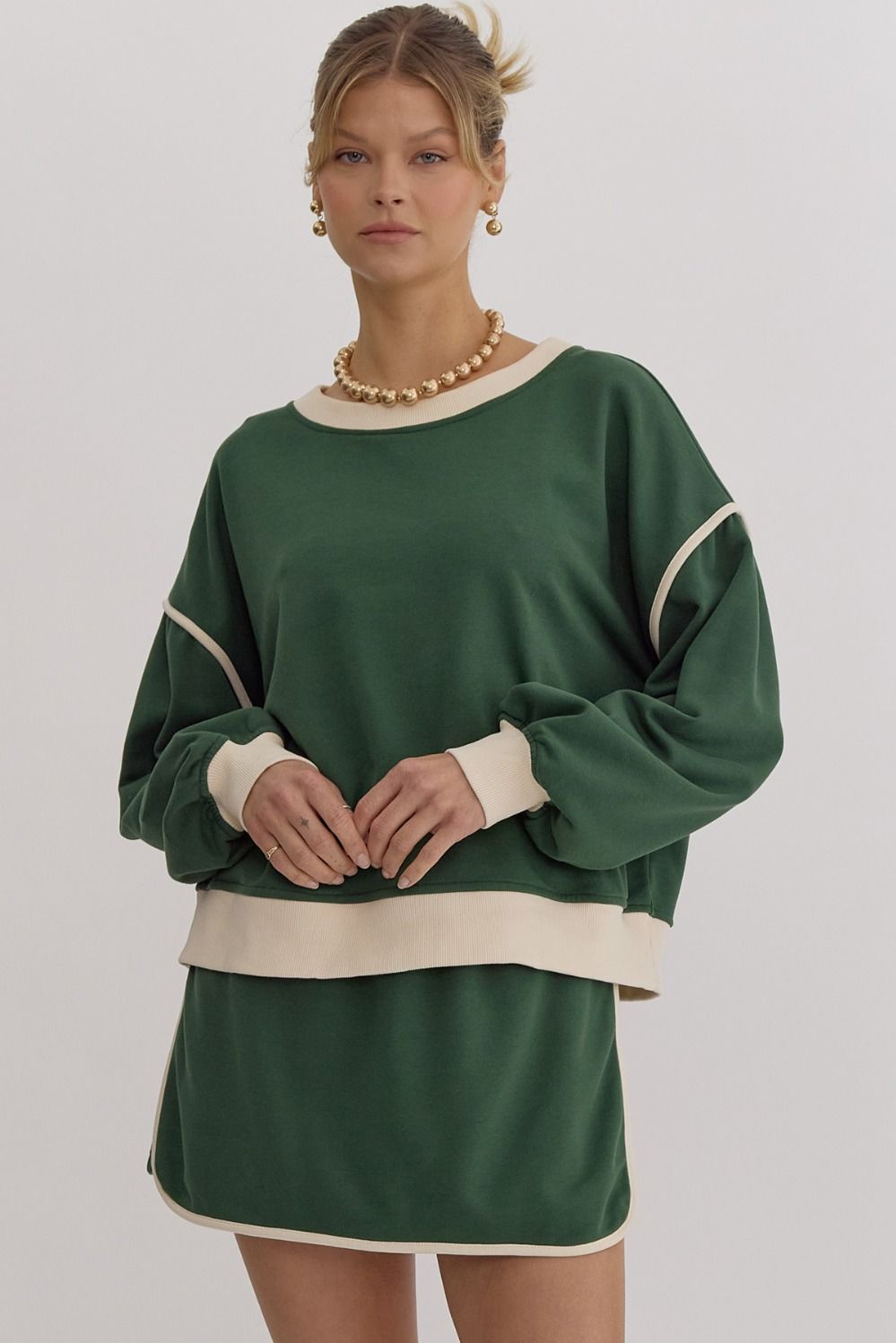 Hazel Blues® |  Solid Contrast Trim Long Sleeve Top in Hunter Green