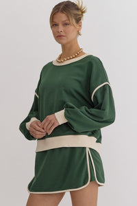 Hazel Blues® |  Solid Contrast Trim Long Sleeve Top in Hunter Green