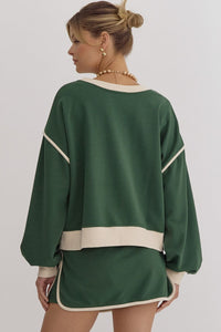 Hazel Blues® |  Solid Contrast Trim Long Sleeve Top in Hunter Green