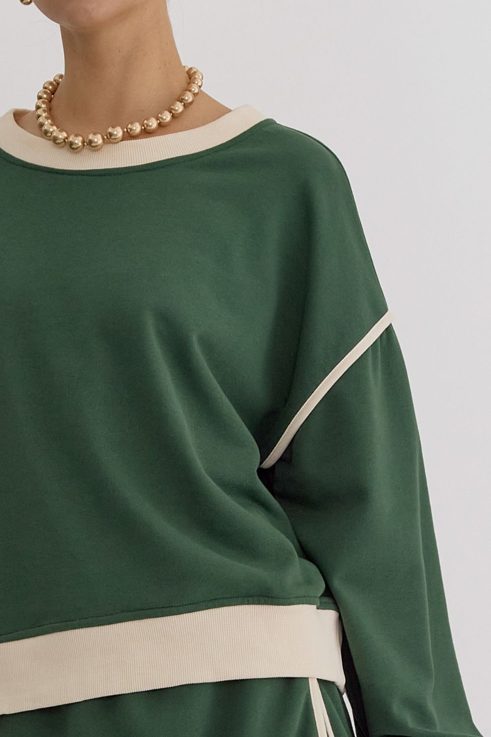 Hazel Blues® |  Solid Contrast Trim Long Sleeve Top in Hunter Green