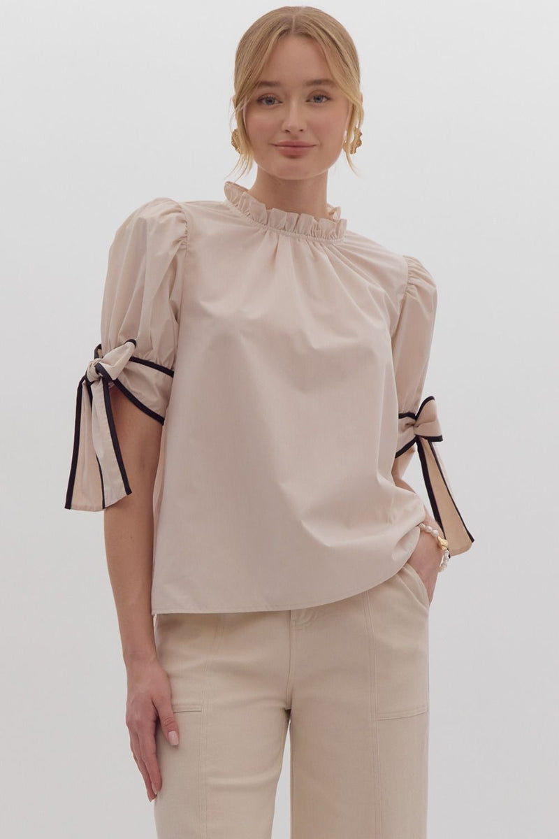 Hazel Blues® |  Solid Bow Tie Sleeve Blouse in Ecru