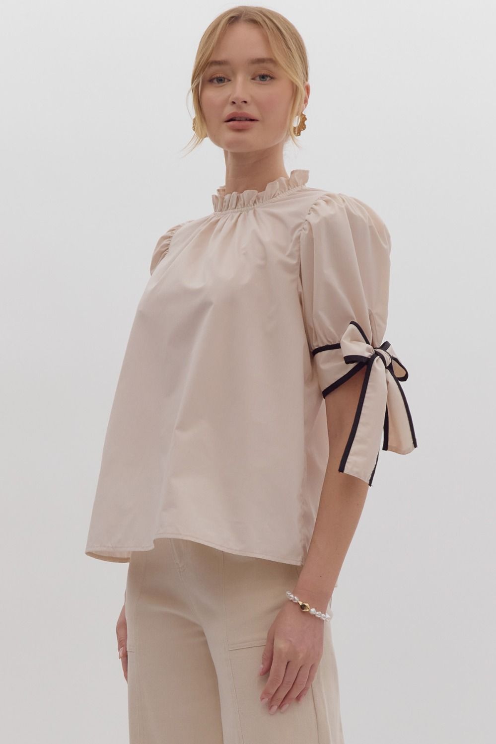 Hazel Blues® |  Solid Bow Tie Sleeve Blouse in Ecru