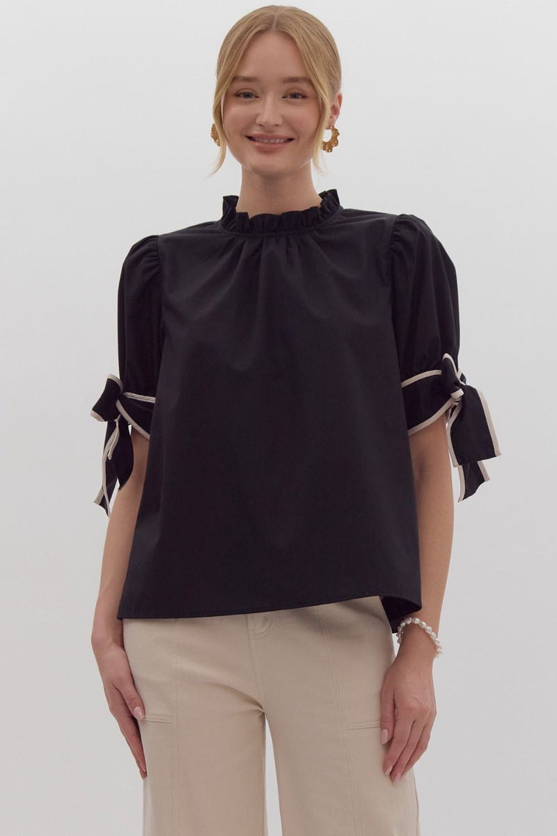 Hazel Blues® |  Solid Bow Tie Sleeve Blouse in Black