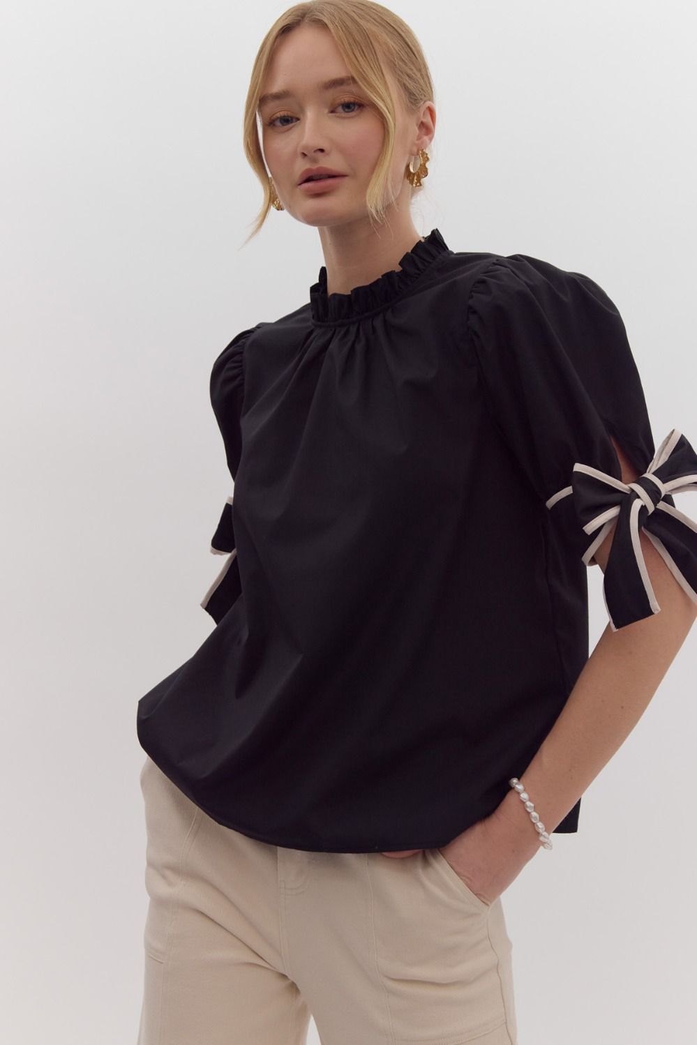 Hazel Blues® |  Solid Bow Tie Sleeve Blouse in Black