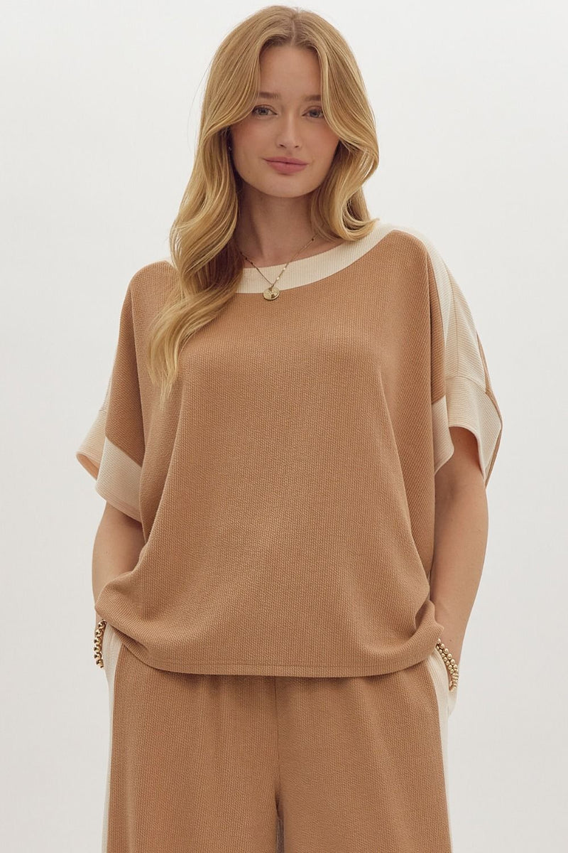 Hazel Blues® |  Solid Ribbed Contrast Trim Boatneck Top in Camel