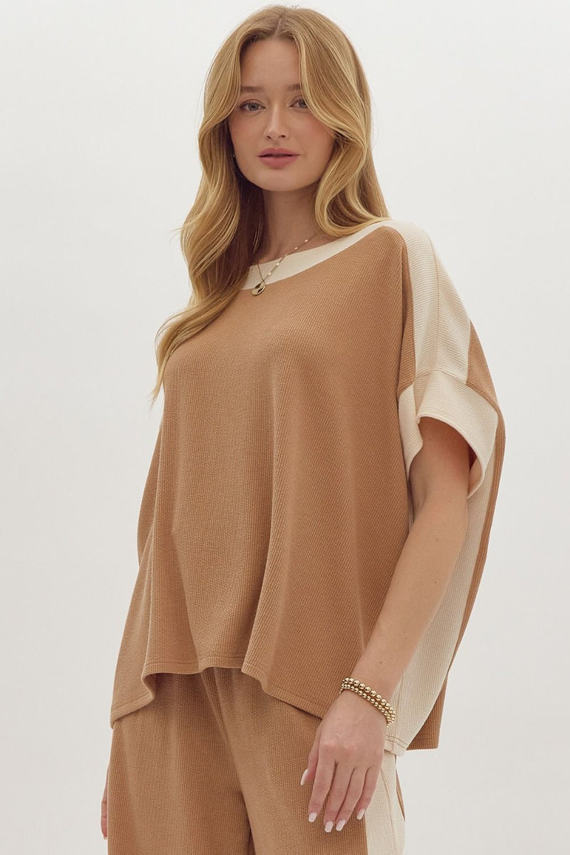 Hazel Blues® |  Solid Ribbed Contrast Trim Boatneck Top in Camel