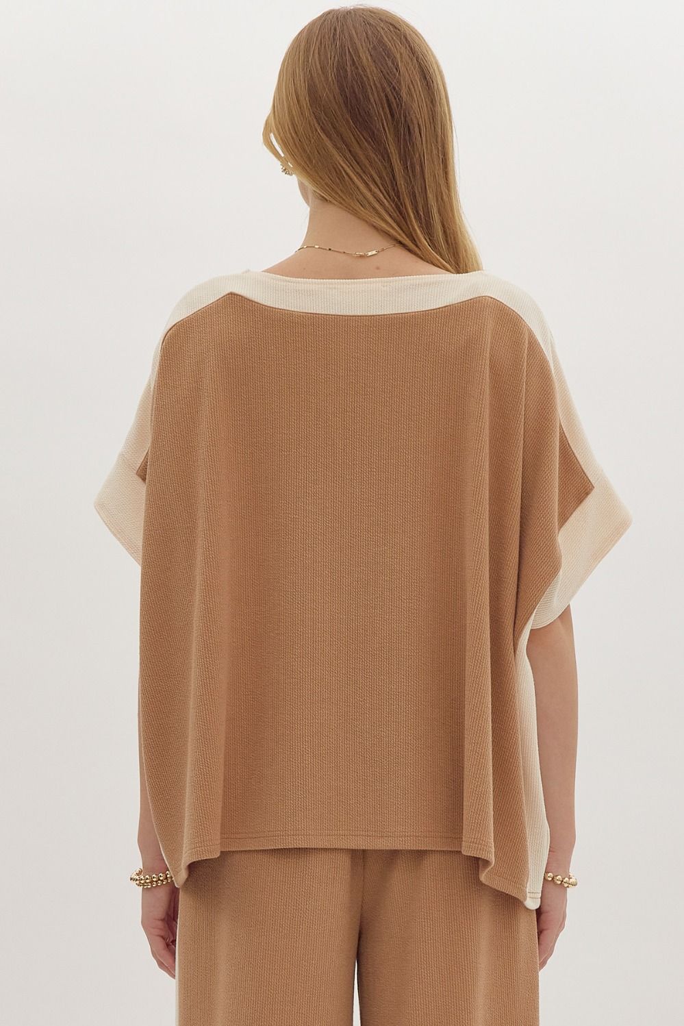 Hazel Blues® |  Solid Ribbed Contrast Trim Boatneck Top in Camel