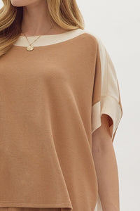 Hazel Blues® |  Solid Ribbed Contrast Trim Boatneck Top in Camel